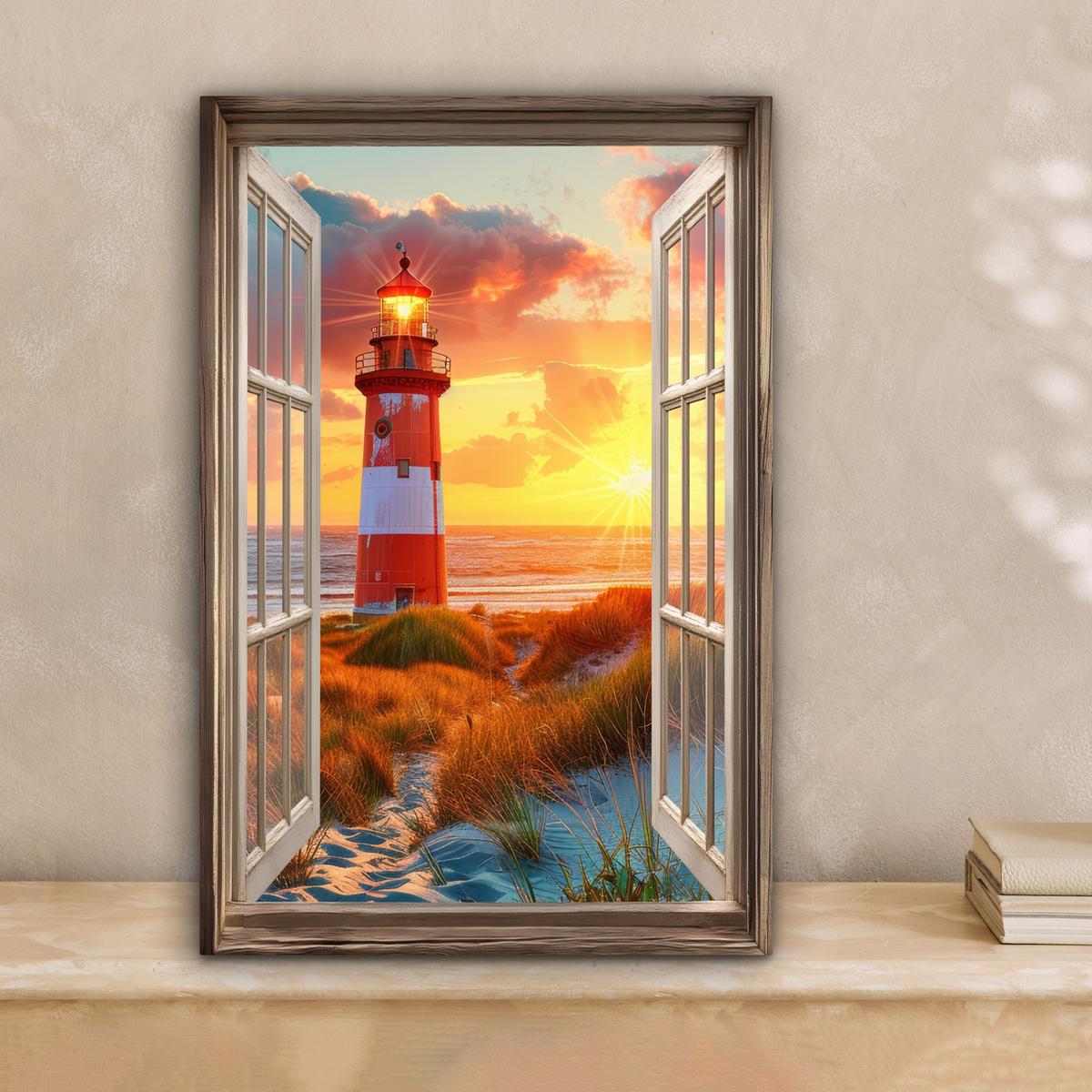 LEINWANDBILD Aussicht - Fenster - Leuchtturm - Sonnenuntergang - Strand Deko Wohnzimmer 20x30 cm - Dunkelorange, Textil (20/30cm) - MuchoWow