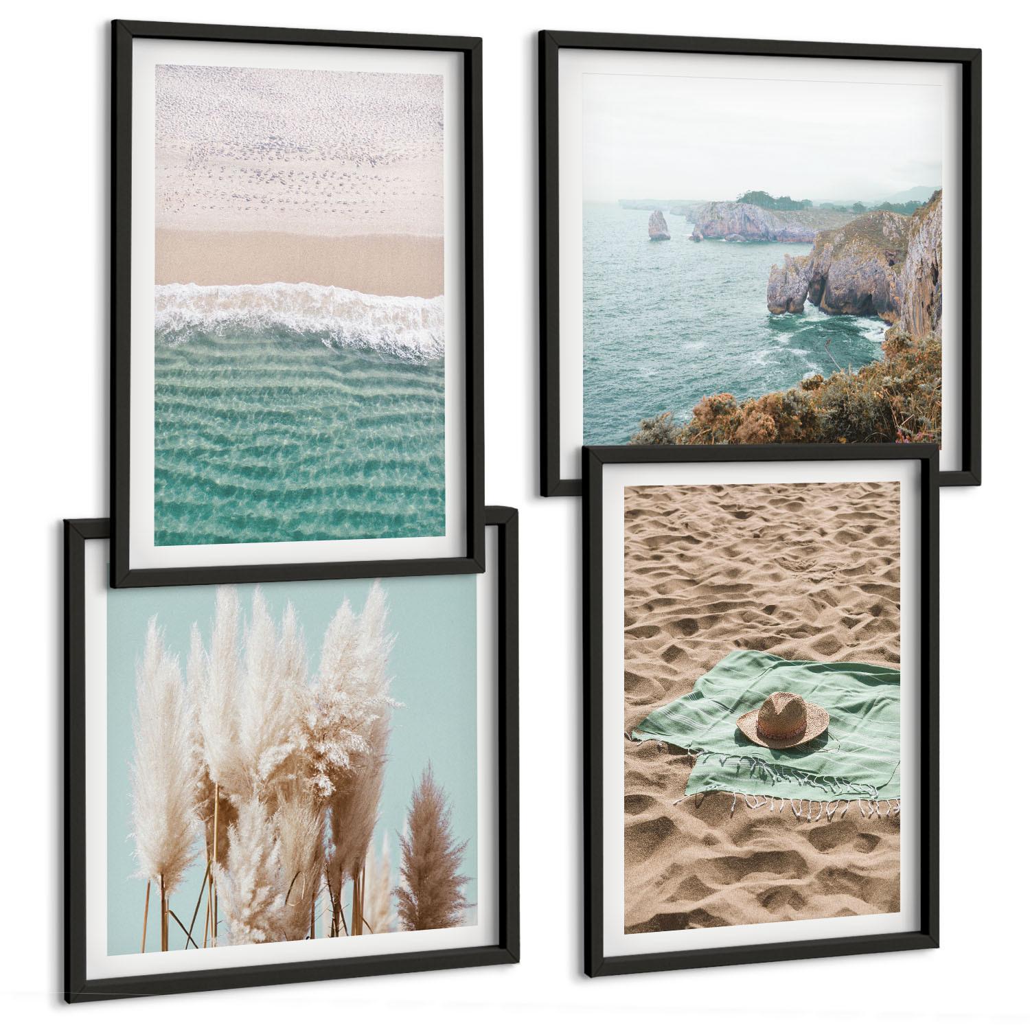 BILDER SET 4er Set - 50x50 cm & 40x60 cm Schwarzer Rahmen - Strandwellen Grashut - Schwarz, Kunststoff (50/50cm) - TULUP