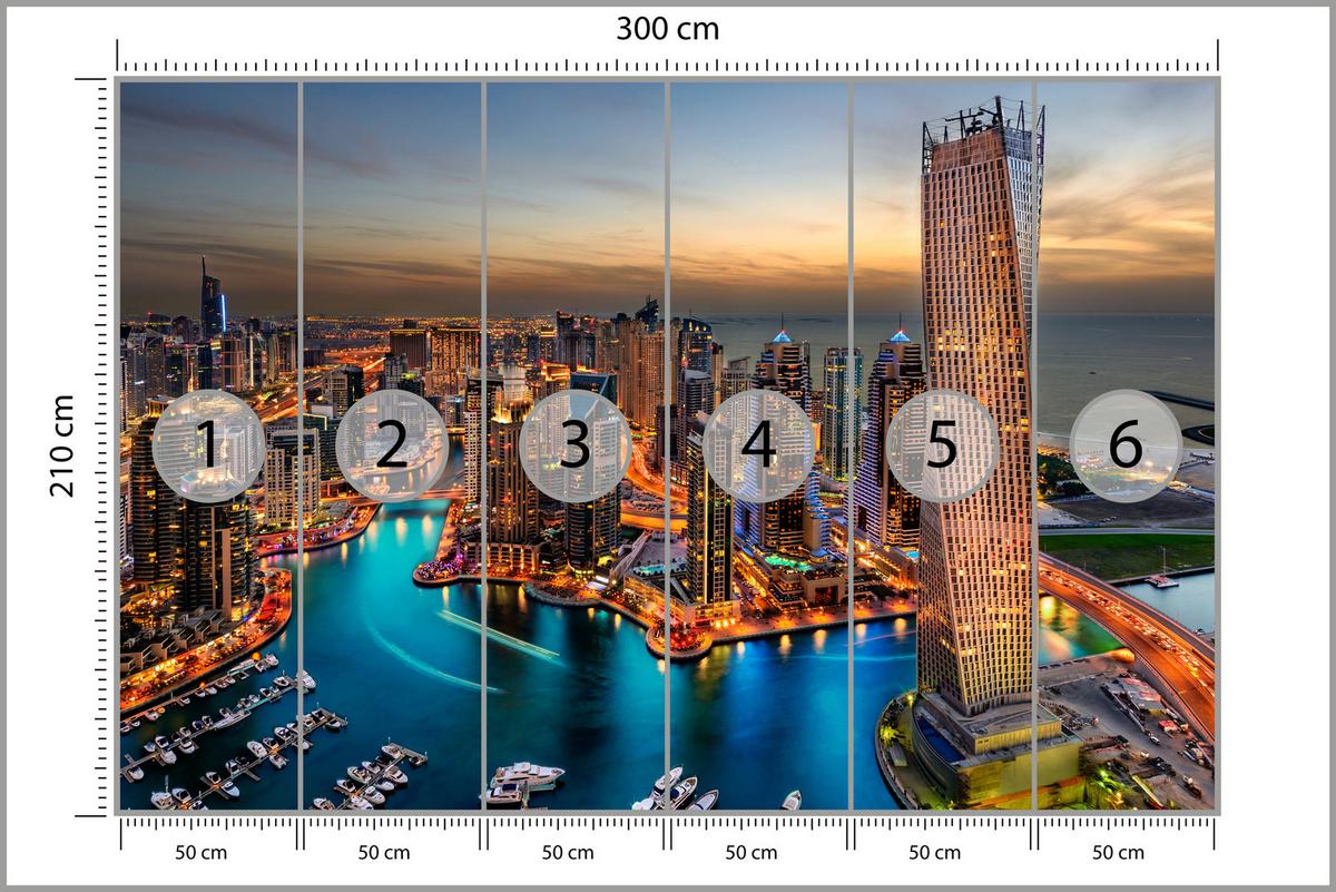 FOTOTAPETE für Büro Hochhäuser Dubai Marina Hafen Lichter Modern 300x210 - Türkis/Gelb, Papier (300/210cm) - Muralo