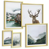 BILDER SET 5er Set - 50x50 cm & 20x30 cm & 40x60 cm Goldrahmen - Berge, See, Hirsche, Hütte, Nebel - Goldfarben, Kunststoff (40/60cm) - TULUP