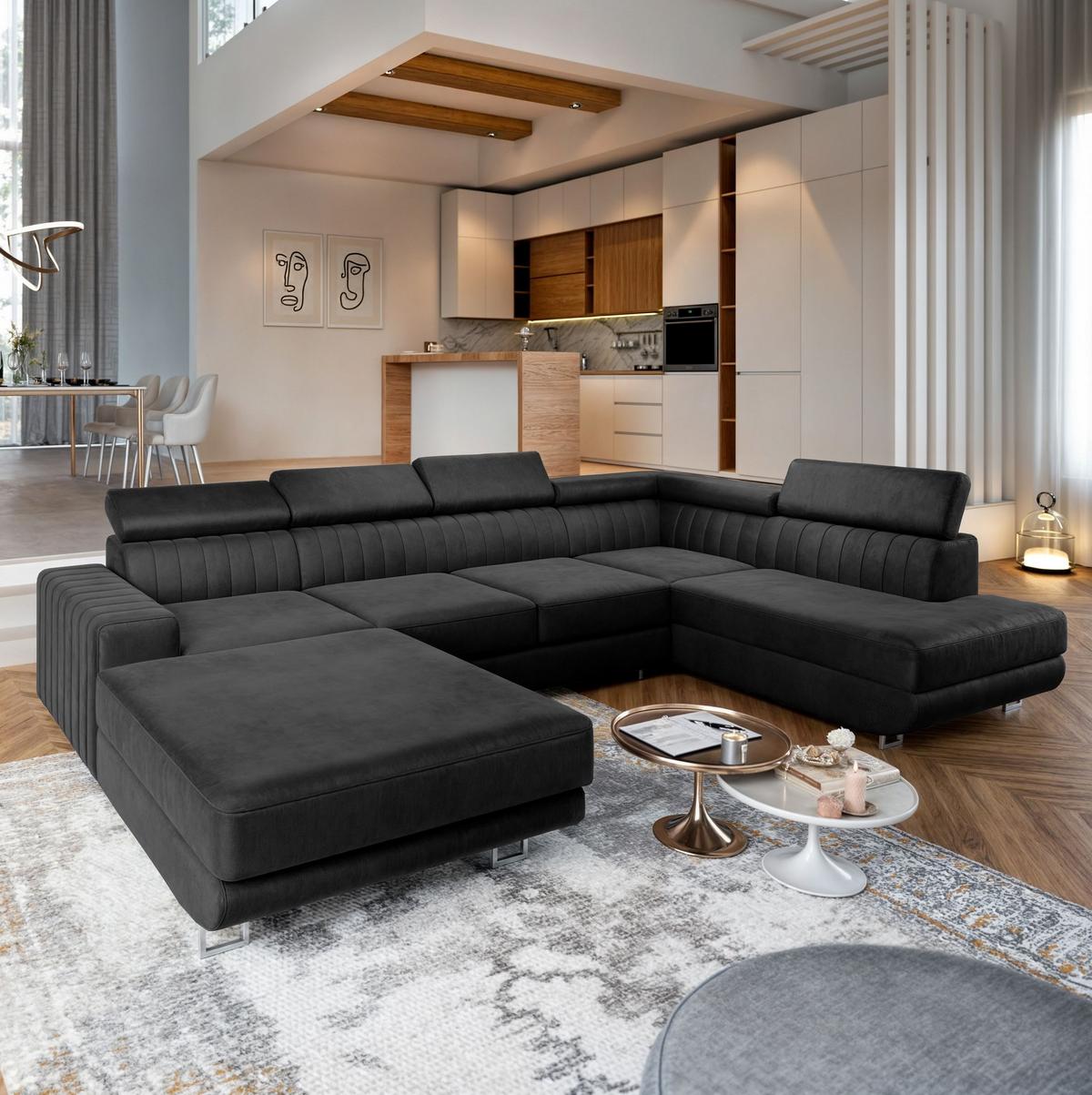 WOHNLANDSCHAFT SIENA R-S Schwarz Velours-Stoff mit Schlaffunktion - Silberfarben/Schwarz, Holz/Textil (335/89/202cm) - MASSENO