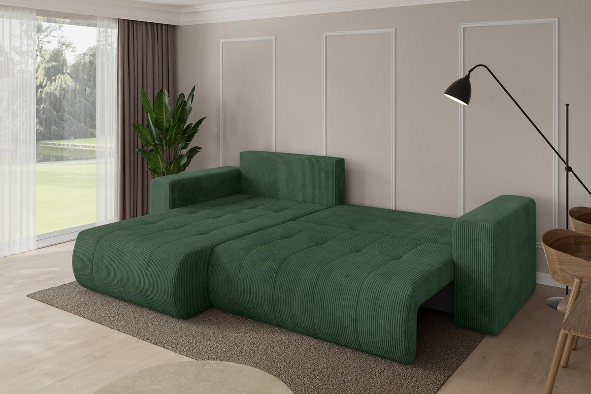 ECKSOFA mit Schlaffunktion Ottomane Links MILA-L 277x194x86 Grün Cord - Dunkelgrün/Schwarz, Holzwerkstoff/Kunststoff (277/194cm) - ALTDECOR