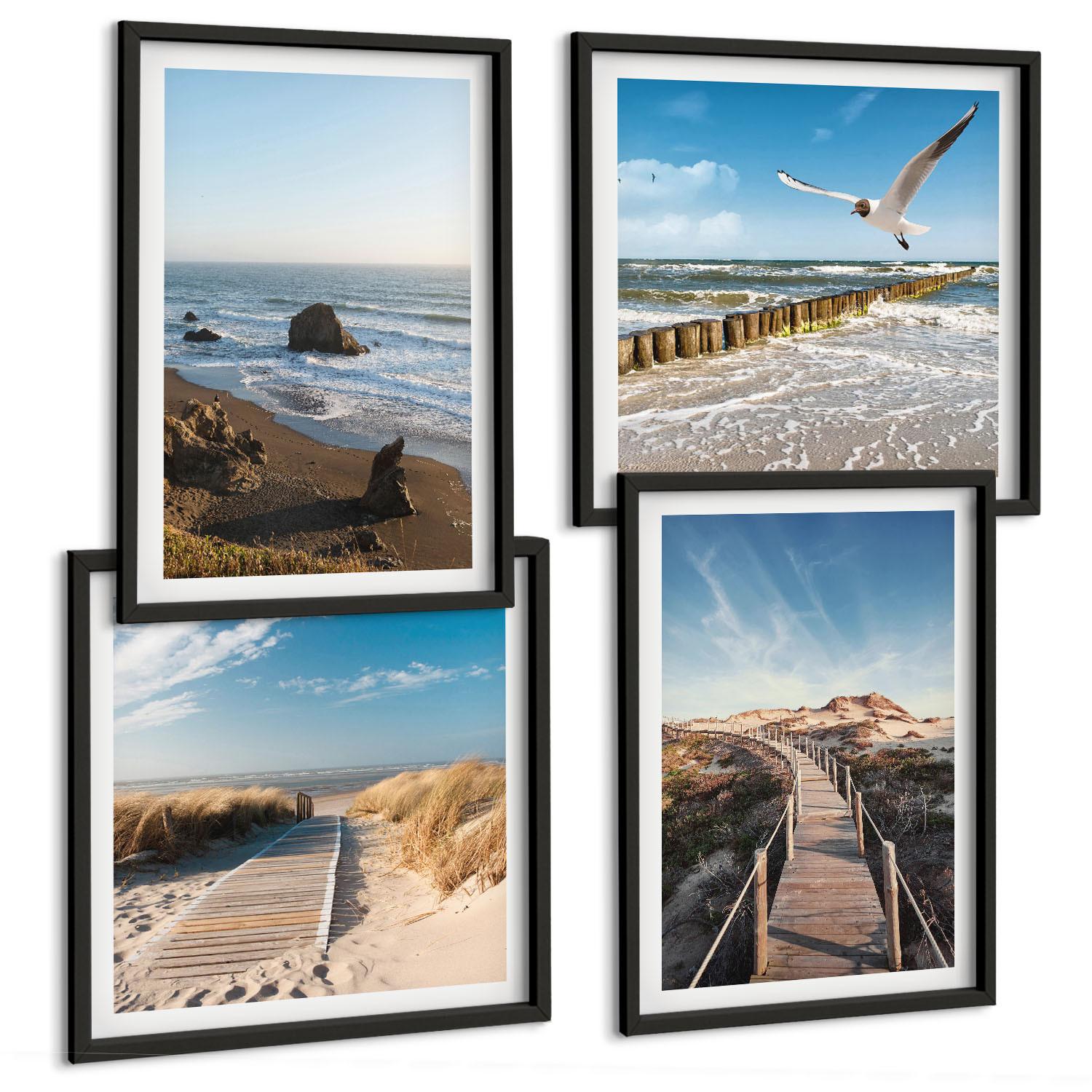 BILDER SET 4er Set - 50x50 cm & 40x60 cm Schwarzer Rahmen - Strandwellen, Himmelsbrücke, Spaziergang - Schwarz, Kunststoff (50/50cm) - TULUP