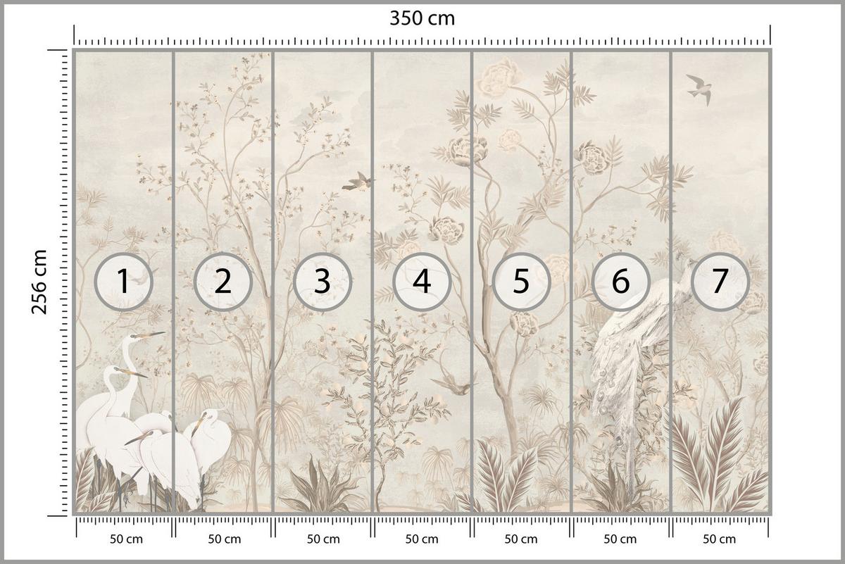 FOTOTAPETE für Esszimmer Weiße Vögel Bäumen Natur Kräne Blumen 350x256 - Beige, Papier (350/256cm) - Muralo