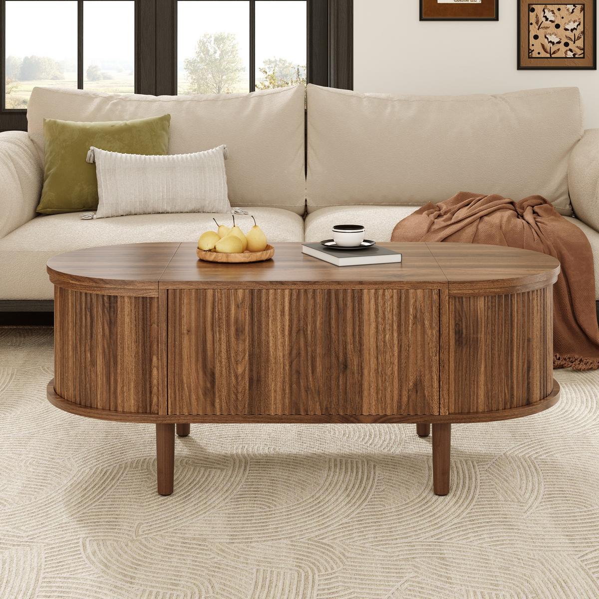 COUCHTISCH walnuss-optik oval höhenverstellbar mit stauraum - Walnussfarben, Holzwerkstoff (48/100/53.5cm) - Urban Meuble