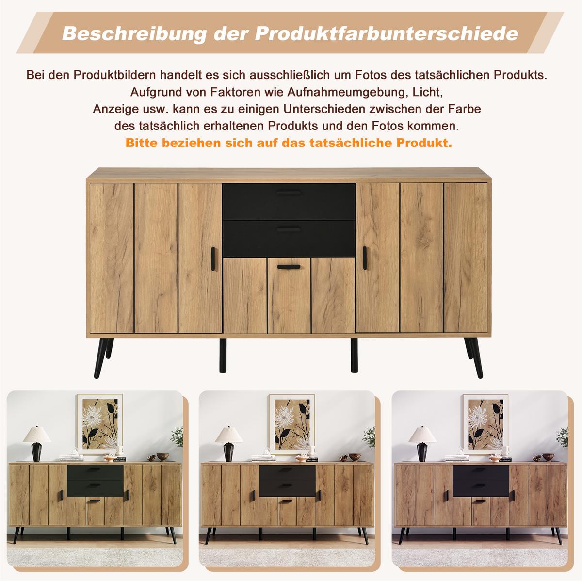 SIDEBOARD 140cm Holz/Schwarz mit 2 Schubladen, 3 Türen & 7 Fächern - Naturfarben, Holzwerkstoff (140/67/35cm) - Urban Meuble