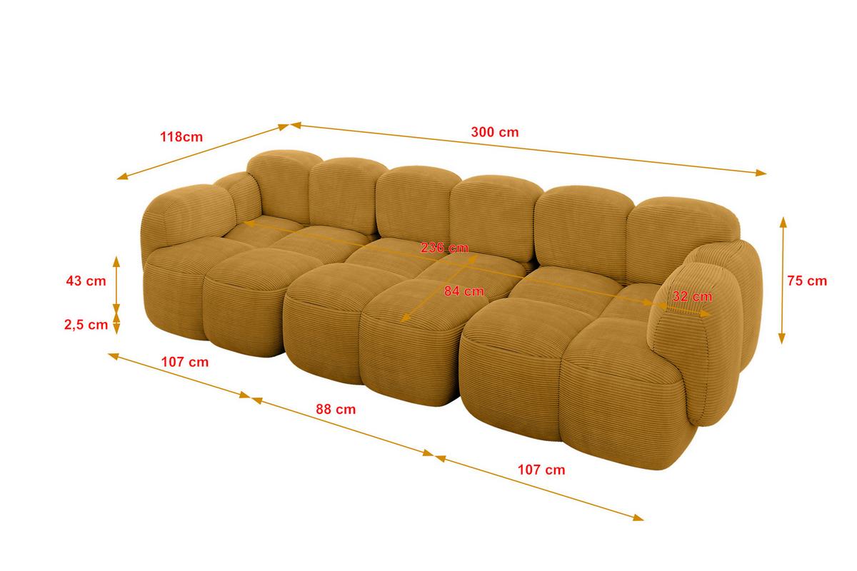 3-SITZER modulares Sofa Miko-S2 300x118x75 cm Senfgelb Cord - Schwarz/Honig, Holzwerkstoff/Kunststoff (300/75/118cm) - ALTDECOR