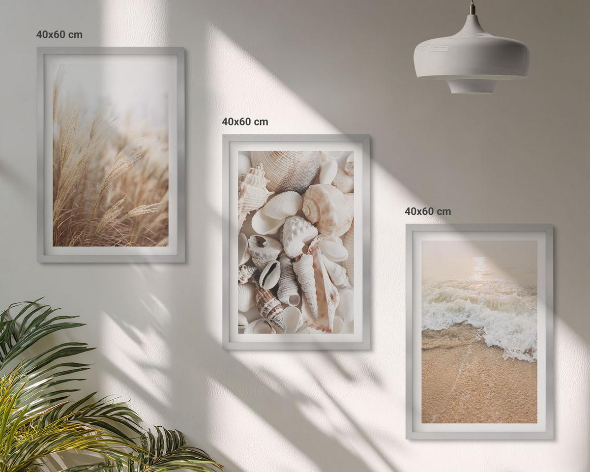 BILDER SET 3er Set - 40x60 cm Silberner Rahmen - Strandmotive, Muscheln, Wellen - Silberfarben, Kunststoff (40/60cm) - TULUP
