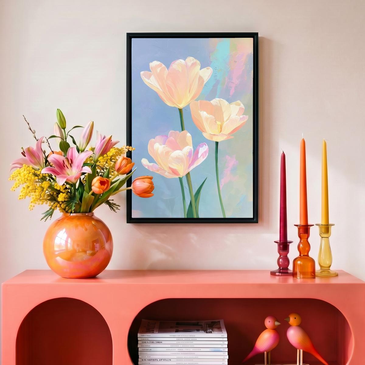 LEINWAND Bilder mit Rahmen - Tulpen - Rosa Akzente - Blau - 20x30 - Pastellblau, Textil (20/30cm) - MuchoWow