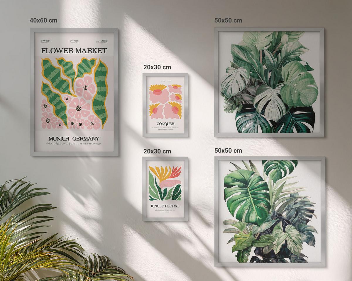 BILDER SET 5er Set - 50x50 cm & 20x30 cm & 40x60 cm Silberner Rahmen - Blumen und Blätter – moderne Poster - Silberfarben, Kunststoff (40/60cm) - TULUP