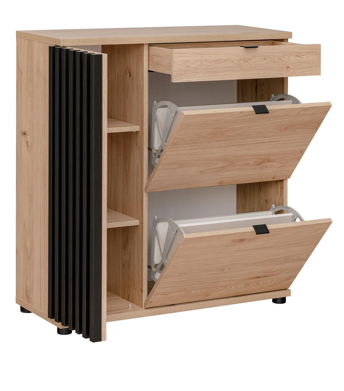 SCHUHSCHRANK Eiche Jackson, schwarz 90 cm, Schuhkommode mit Kippern - Eichefarben/Schwarz, Holzwerkstoff/Kunststoff (90/94/35cm) - Furn.Design