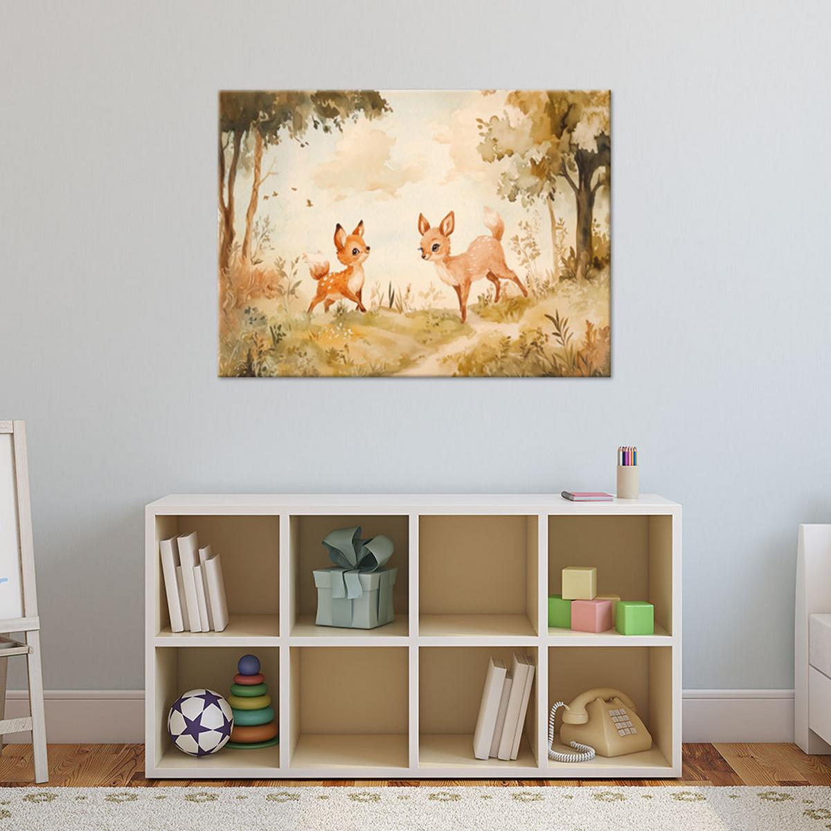 LEINWANDBILD Lein Hirschtiere im Wald Beige 120x80cm - Beige, Textil (120/80cm) - Feeby