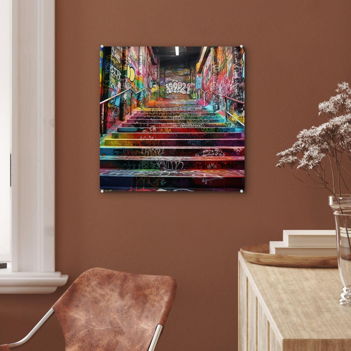 ACRYLGLASBILD Treppe - Graffiti - Farben - Kunst 50x50 cm - Multicolor, Glas (50/50cm) - MuchoWow