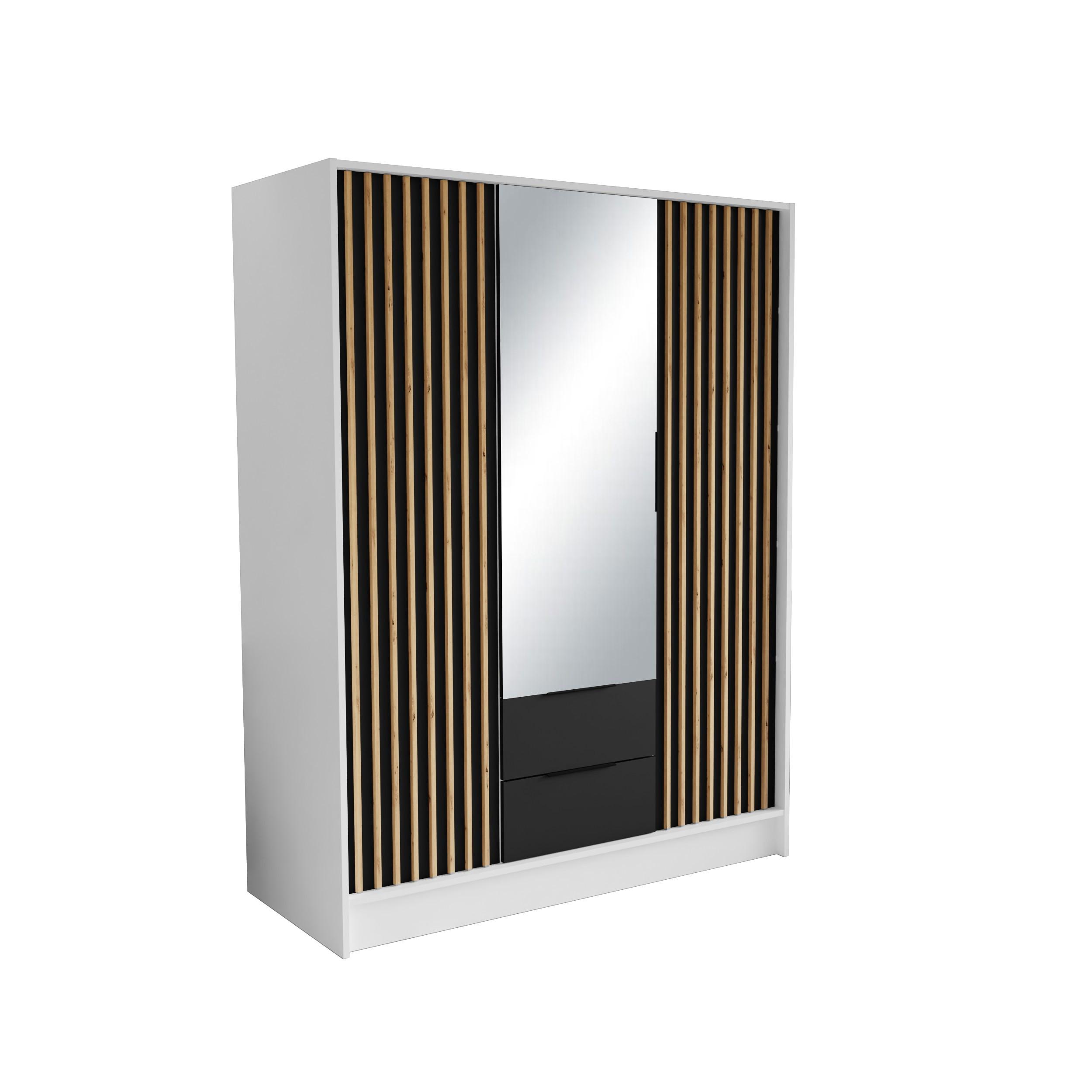 DREHTÜRENSCHRANK PELOR 150,5/200/51 cm Modern Kleiderschrank 3-türig mit Spiegel Weiß - Schwarz/Weiß, Holzwerkstoff (150.5/200/51cm) - MASSENO