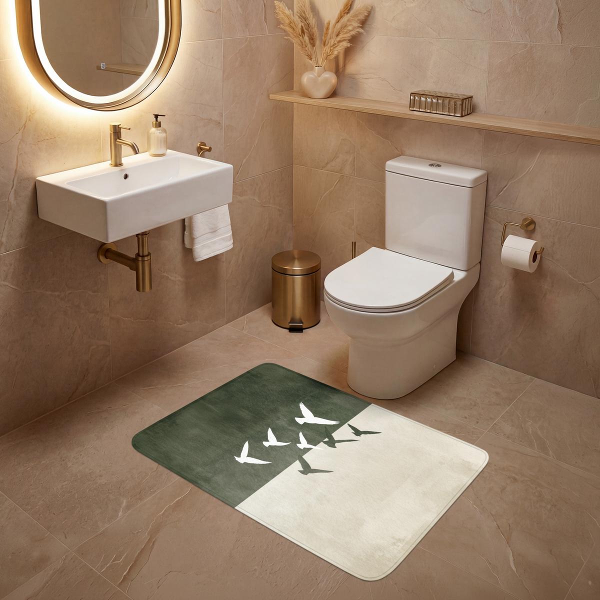 WC-VORLEGER Japandi - Vogel - Grün Toilettenteppich 90x60 cm - Olivgrün, Textil (90/1cm) - OnlyWow