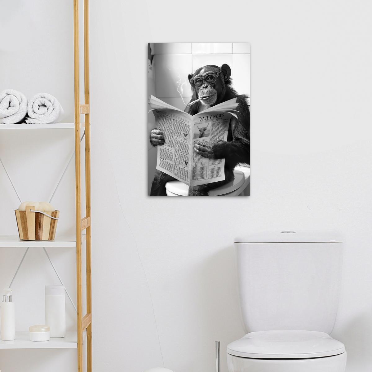 LEINWANDBILD Affe - WC - Zeitung - Schwarz-Weiß - Humor Wanddeko 40x60 cm - Hellgrau, Textil (40/60cm) - MuchoWow
