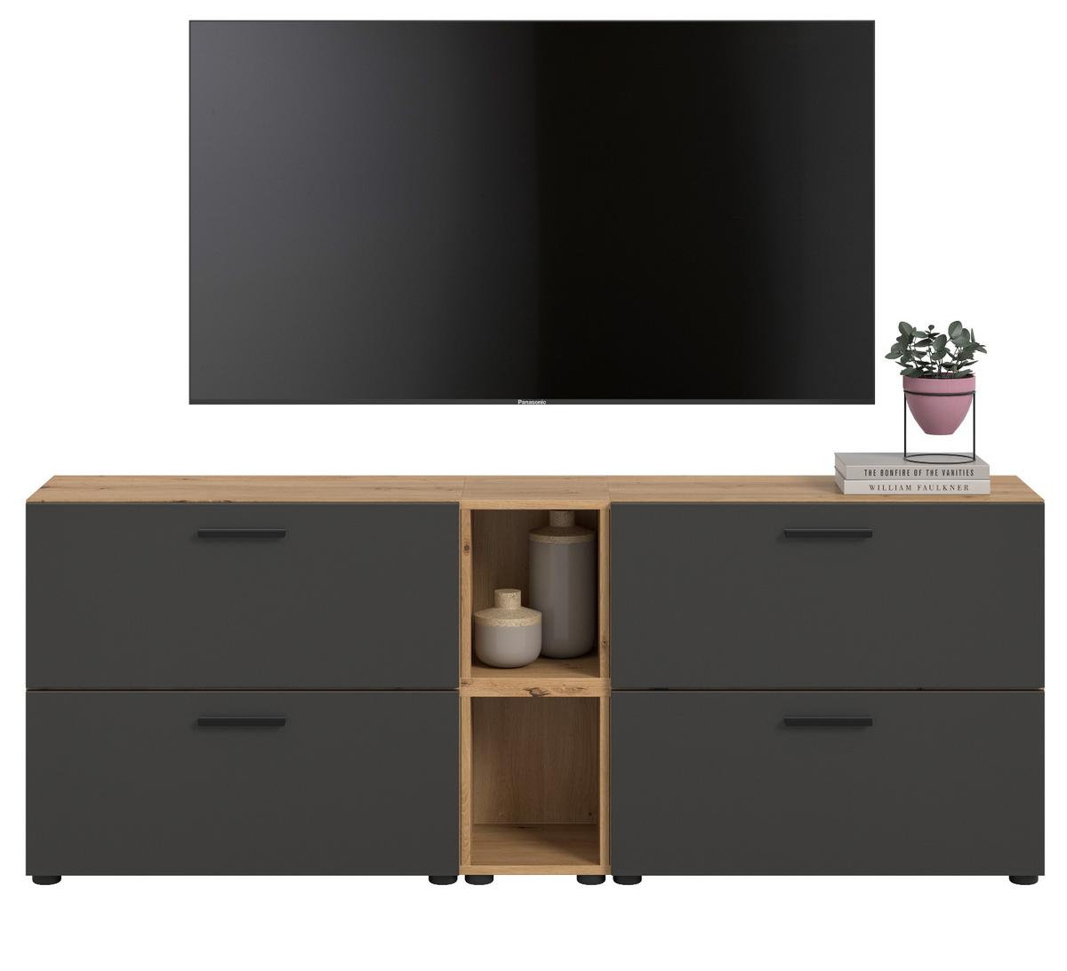 TV-LOWBOARD grau, Eiche Artisan 176 cm, Fernsehtisch hängend / stehend mit Soft-Close - Schwarz/Eiche Artisan, Holzwerkstoff/Kunststoff (176/67/34cm) - Inn.Furn