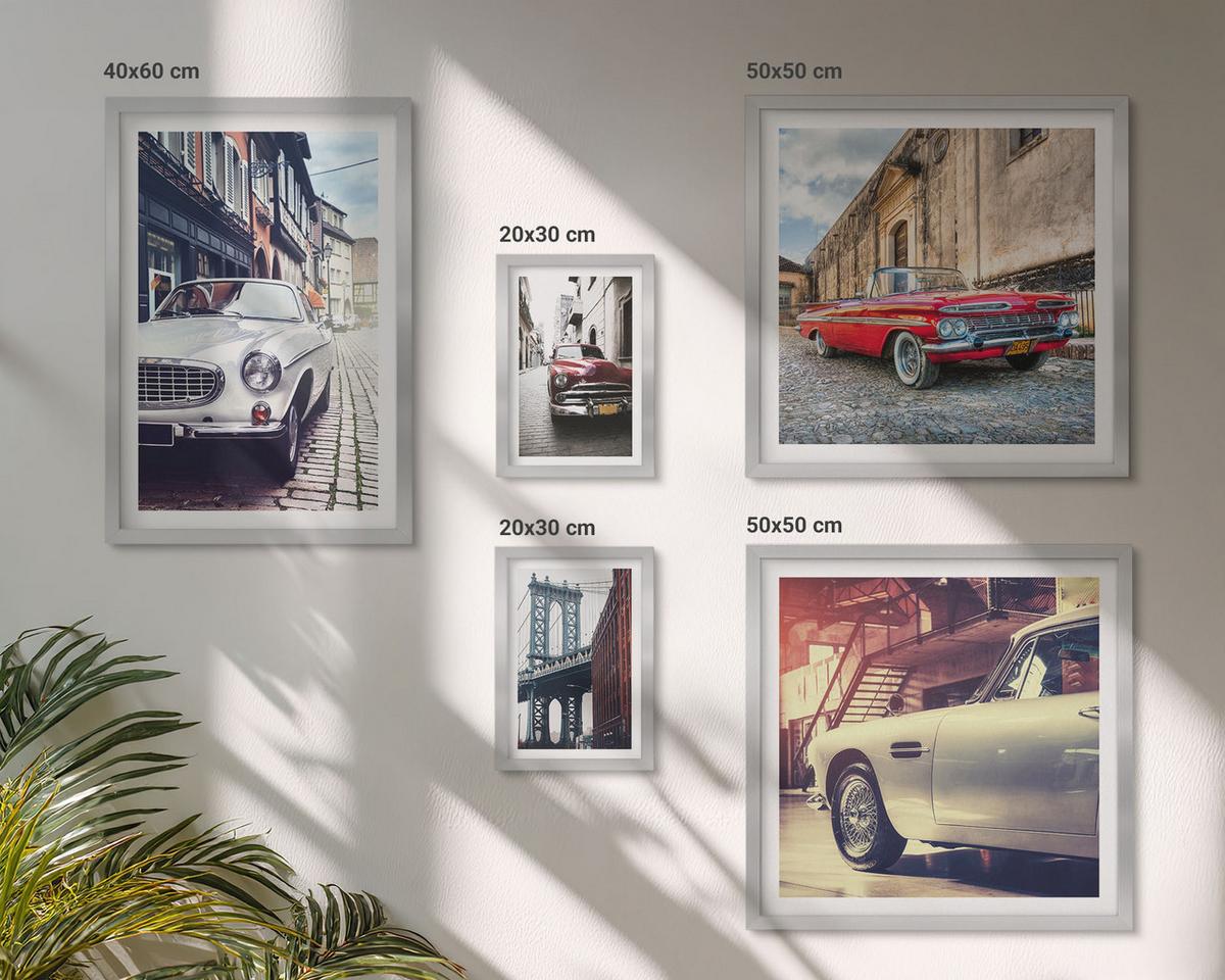 BILDER SET 5er Set - 50x50 cm & 20x30 cm & 40x60 cm Silberner Rahmen - Oldtimer in Städten - Silberfarben, Kunststoff (40/60cm) - TULUP