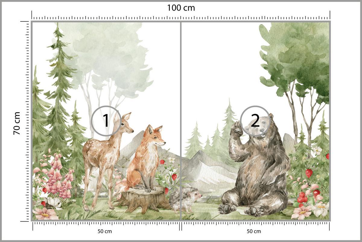 FOTOTAPETE für Kinderzimmer Aquarell Waldtiere Fuchs Reh Tragen 100x70 - Multicolor, Papier (100/70cm) - Muralo