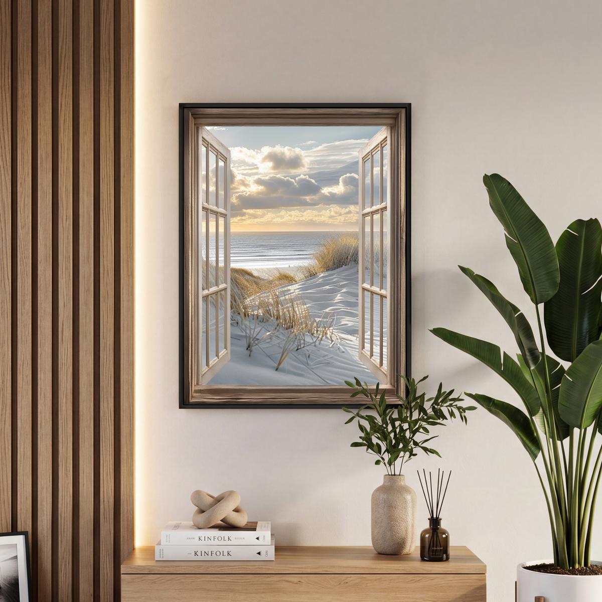 LEINWAND Bilder mit Rahmen - Ausblick - Strand - Dünen - Meer - Natur - 50x70 - Sandfarben, Textil (50/70cm) - MuchoWow