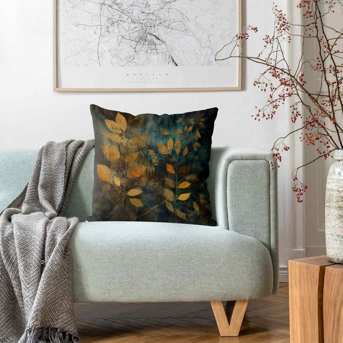 DEKOKISSEN Goldene Blätter auf Blau 50/50 cm - Goldfarben, Textil (50/50/10cm) - Bilderwelten