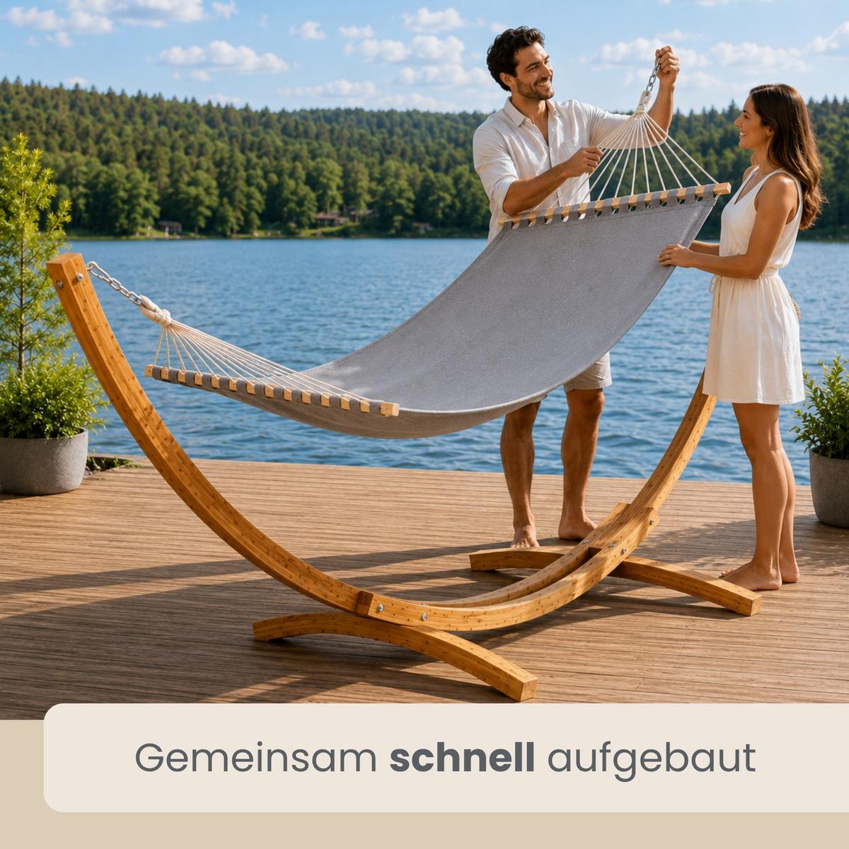 XXL-HÄNGEMATTE mit Holzgestell bis 150kg, 325/120cm, Grau - Grau, Holz (120/2.5/325cm) - Amanka