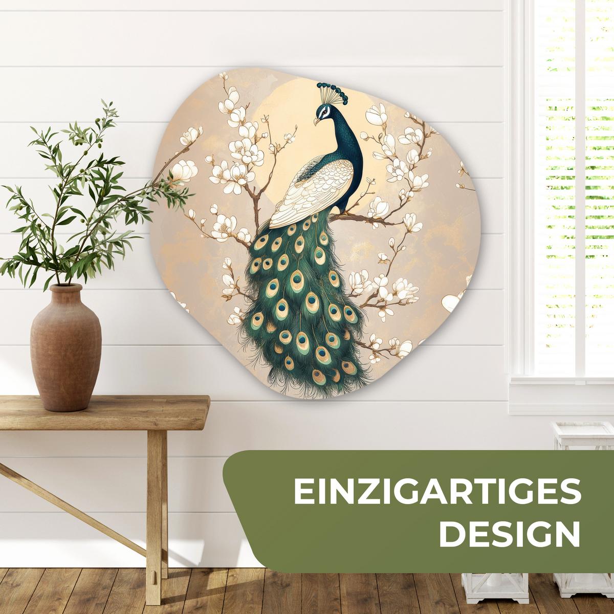 WANDBILD Pfau - Zweig - Blumen Room Decor 90x90 cm - Champagner, Kunststoff (90/90cm) - MuchoWow