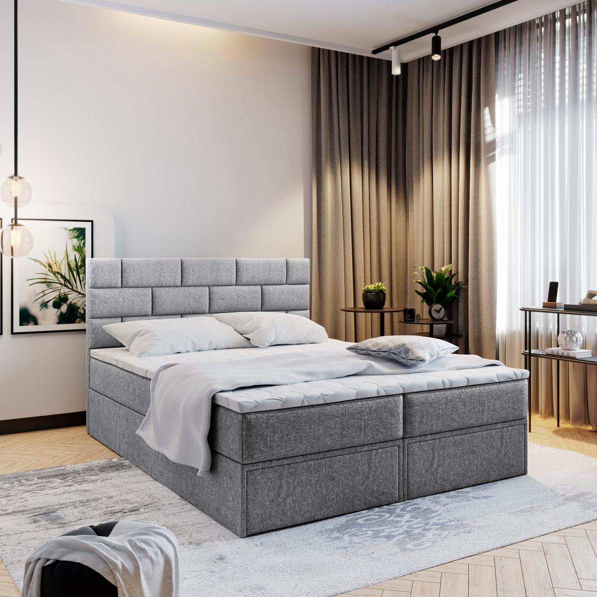 BOXBETT ARINOS 160x200 cm mit Matratze und Topper - Hellgrau - Hellgrau, Holz (160/200cm) - MASSENO