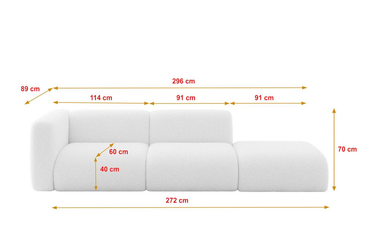 SOFA Ottomane Links MIRA-S3 296x89x70 Weiß Bouclé - Schwarz/Weiß, Holzwerkstoff/Kunststoff (296/70/89cm) - ALTDECOR