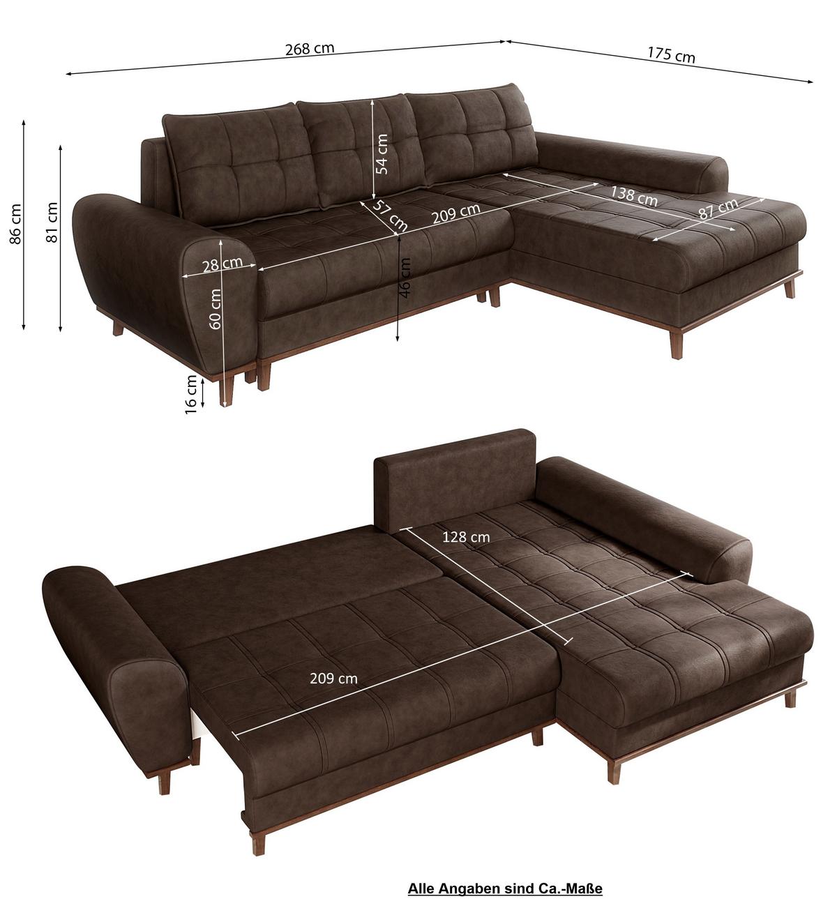 ECKSOFA im Scandi-Stil, Schlaffunktion, Bettkasten B268/T175/H86 cm, Ottomane rechts, Liegefl. 128x209 cm, Mikrofaserstoff in Vintage Braun / 21017 - Wildeiche/Eiche Bianco, Holz/Textil (268/175cm) - luma-home