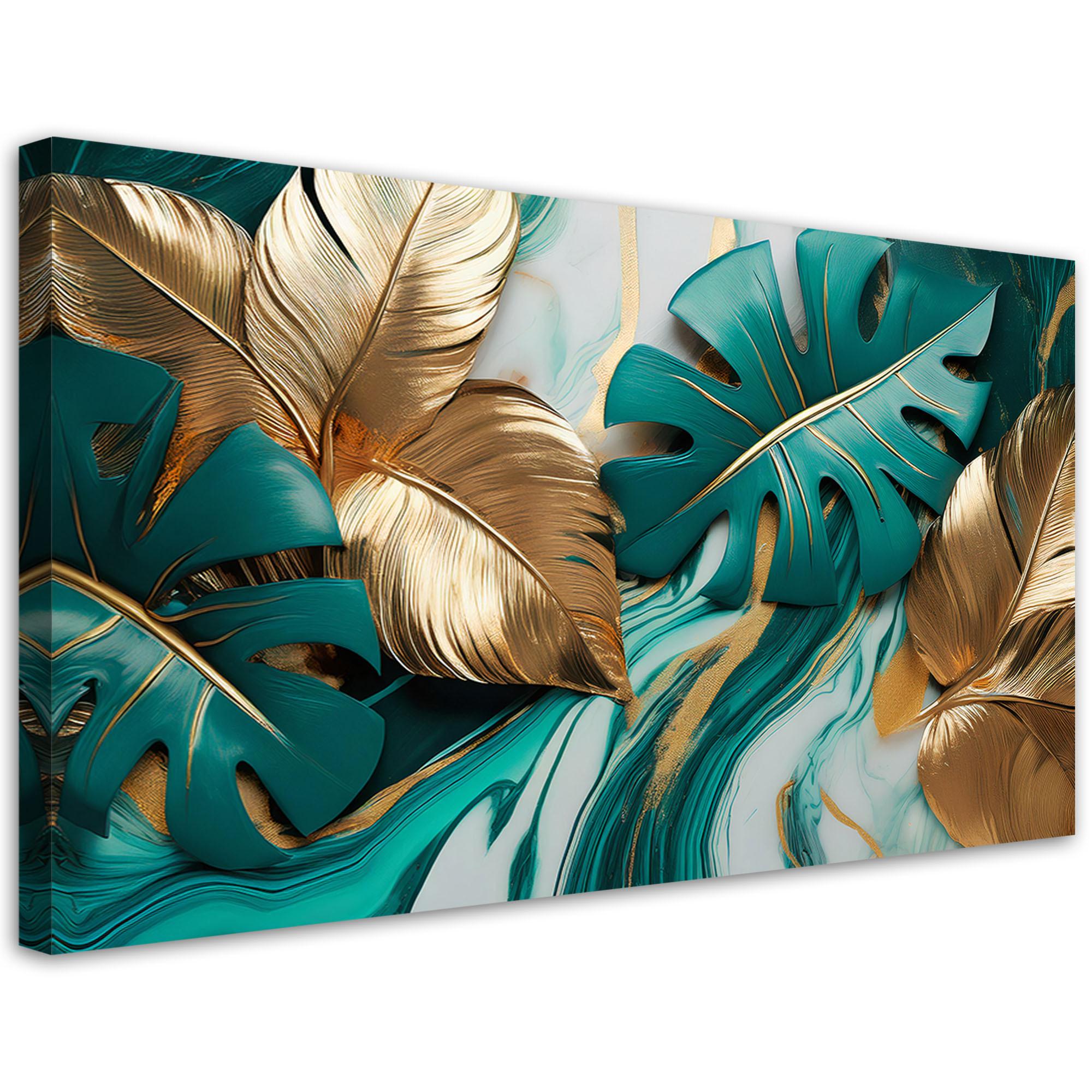 LEINWANDBILD Monstera Leaves Gold Türkis Marmor 120x60cm - Grün, Textil (120/60cm) - Feeby