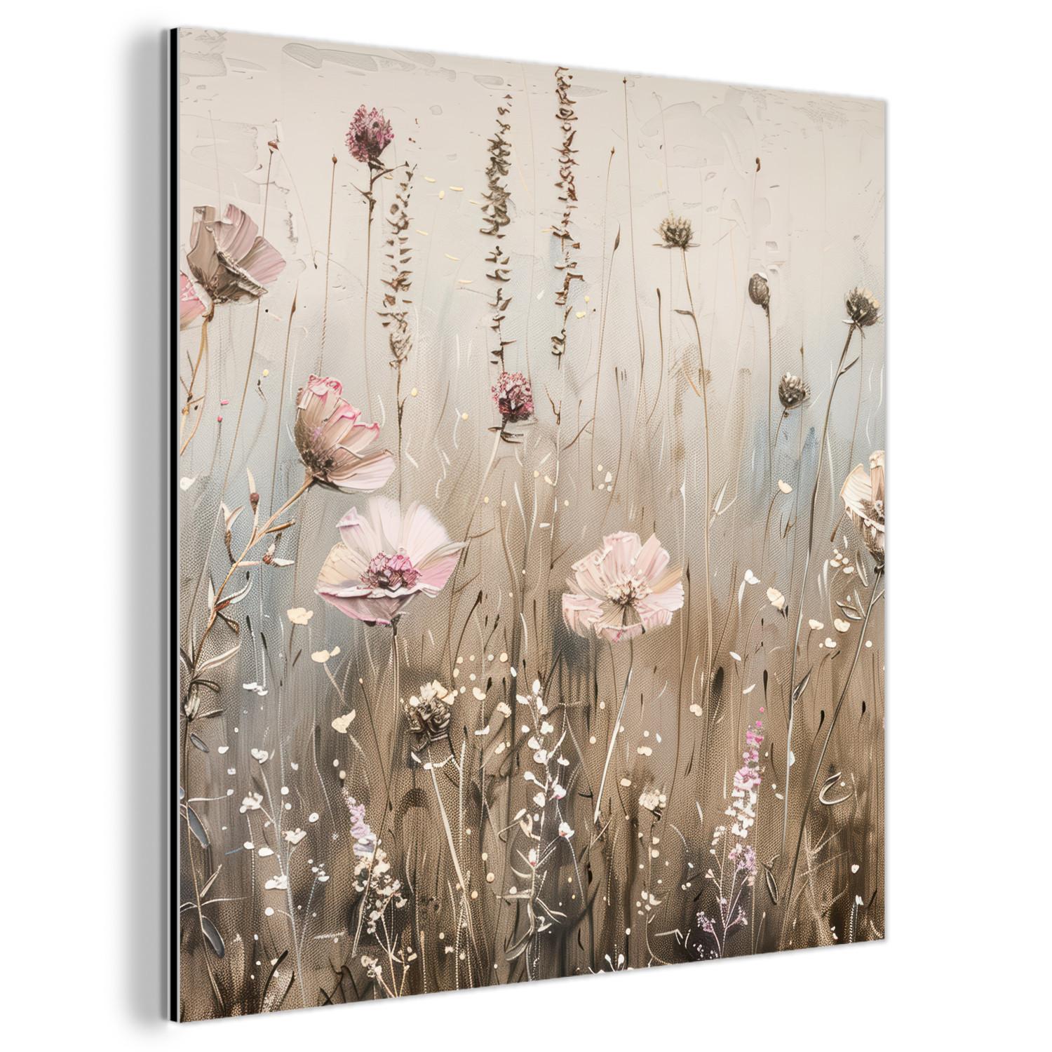 METALLBILD Blumen - Rosa - Modern - Beige 20x20 cm - Beige, Metall (20/20cm) - MuchoWow