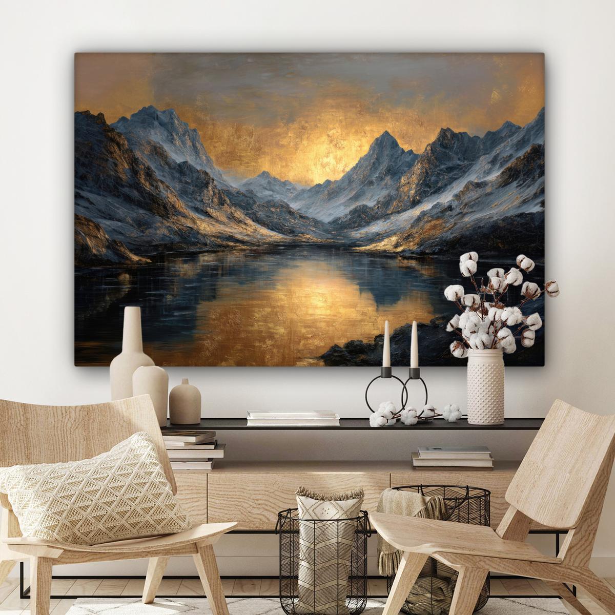 LEINWANDBILD Bergkulisse mit goldenem Sonnenuntergang Wohnzimmer Groß 120x80 cm - Goldfarben, Textil (120/80cm) - MuchoWow