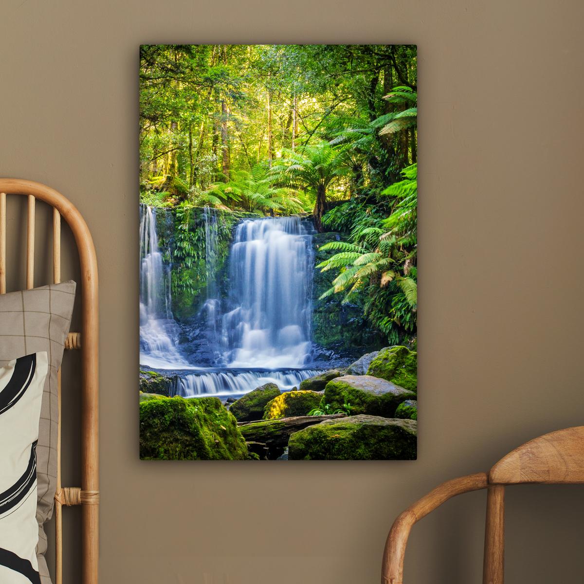 LEINWANDBILD Dschungel - Wasserfall - Australien - Pflanzen - Natur Wanddeko Schlafzimmer 60x90 cm - Dunkelgrün, Textil (60/90cm) - MuchoWow