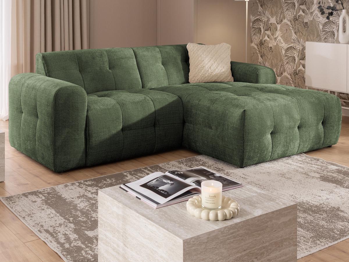 ECKSOFA Kozy im Bumpy-Design mit fester Rückenlehne aus weichem Grün Chenille-Stoff - Ottomane rechts - Schwarz/Grün, Holz/Kunststoff (234/161cm) - S-Style Möbel