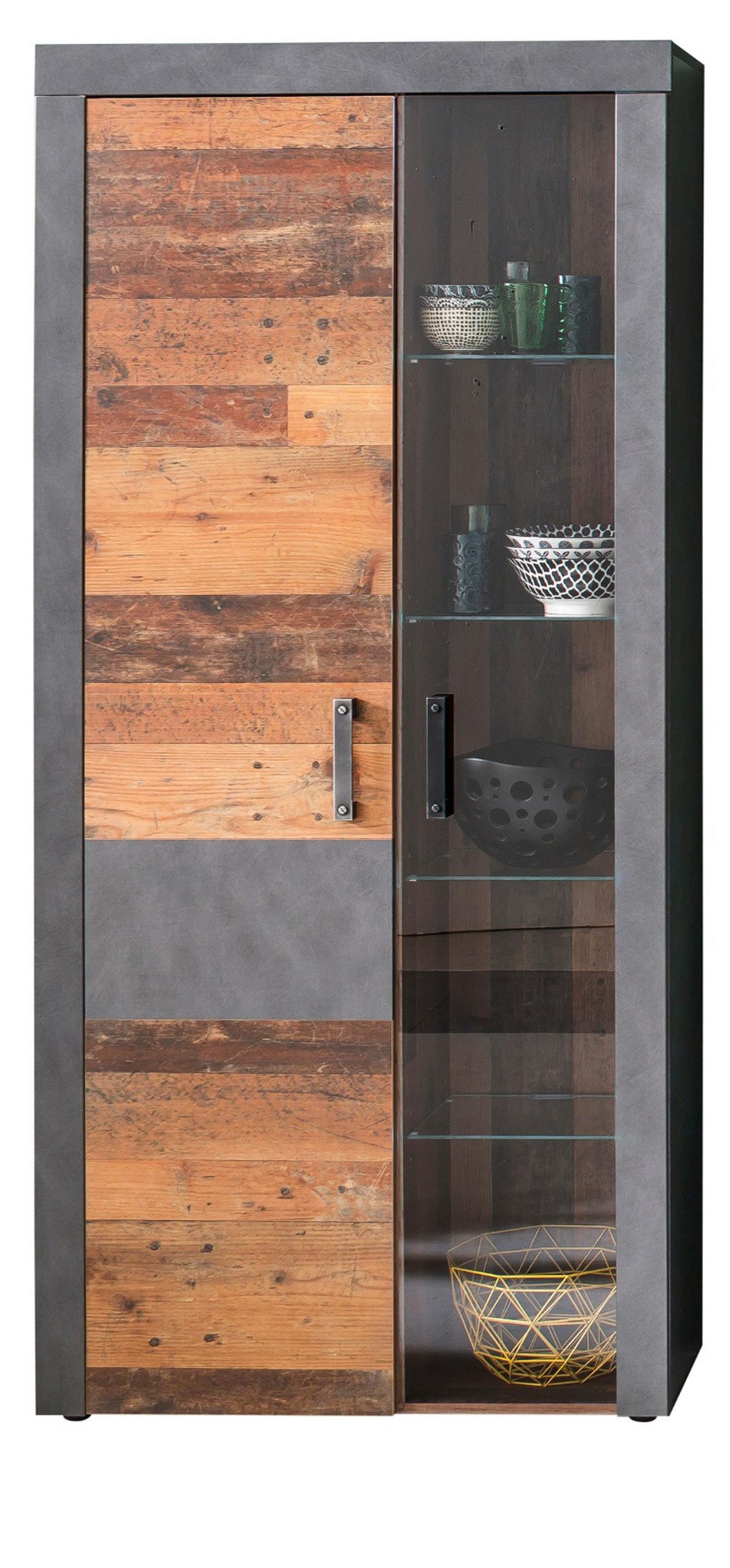 VITRINE Used Wood Altholz Design mit Grau, Vitrinenschrank mit LED Beleuchtung - Silberfarben/Schwarz, Glas/Holzwerkstoff (87/189/34cm) - Top.Furn