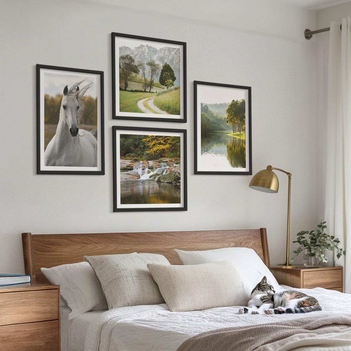 BILDER SET 4er Set - 50x50 cm & 40x60 cm Schwarzer Rahmen - Natur des Flusses White Horses - Schwarz, Kunststoff (50/50cm) - TULUP