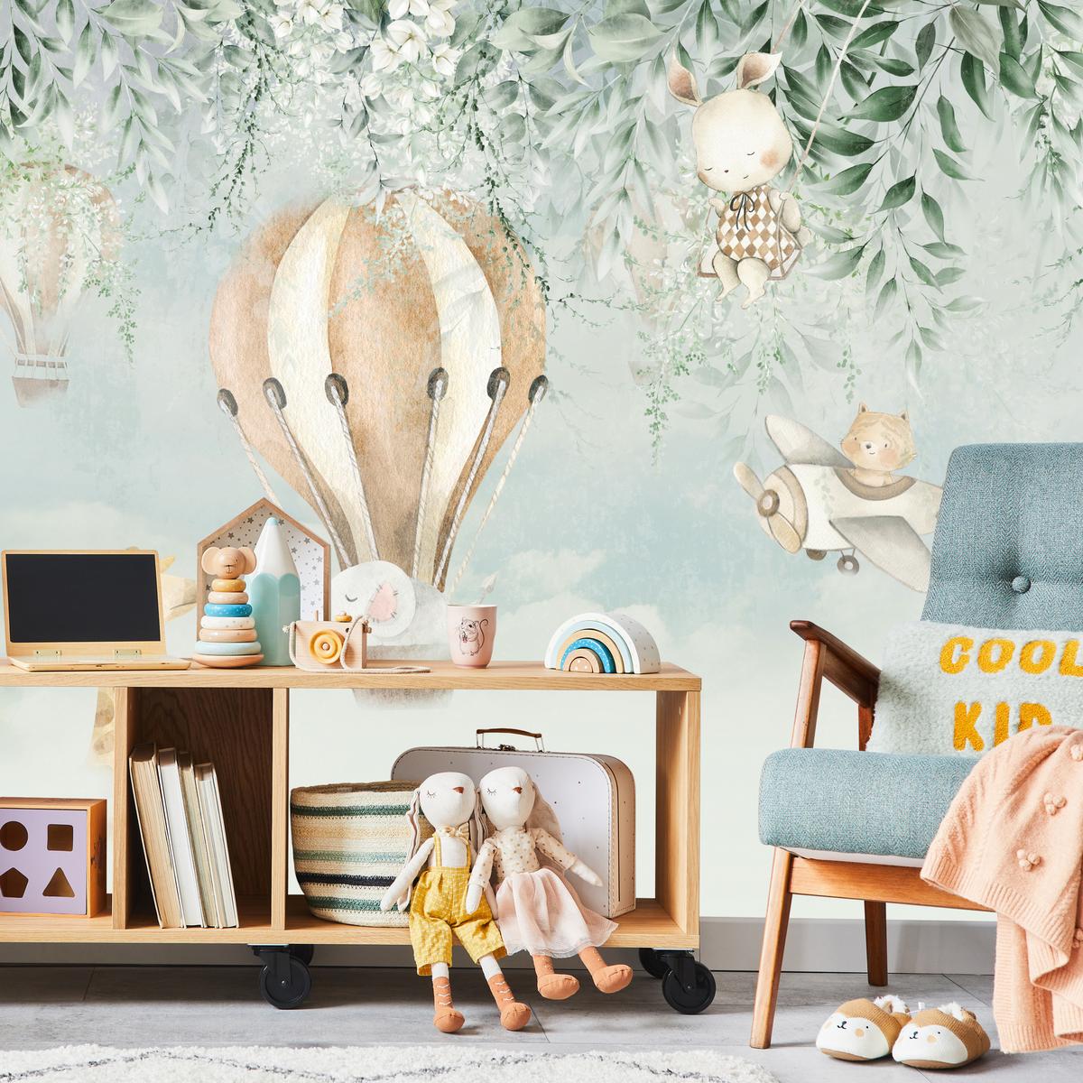 FOTOTAPETE für Kinderzimmer Tiere Wolken Ballons Giraffe Elefant 100x70 - Beige/Braun, Papier (100/70cm) - Muralo