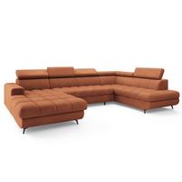 WOHNLANDSCHAFT CORENO Orange Boucle-Stoff mit Schlaffunktion - Terracotta, Holz (345/88/190cm) - MASSENO