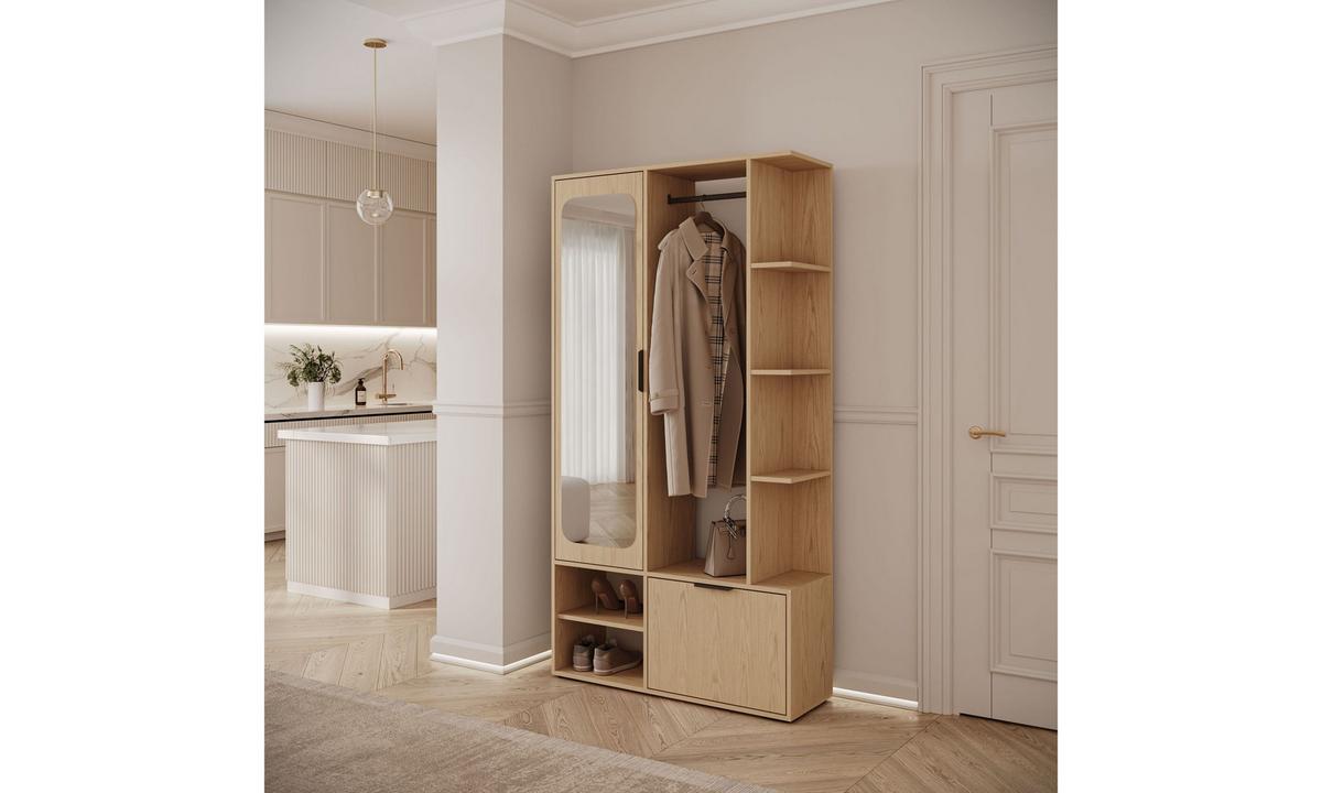 GARDEROBE NOLA 100/33,1/188,5 cm Eiche Bookmatch mit Spiegel und Schuhschrank - Eichefarben, Holzwerkstoff/Metall (100/188.5/33.1cm) - Lookway