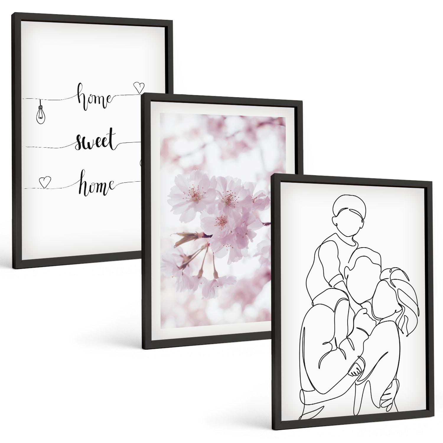 BILDER SET 3er Set - 40x60 cm Schwarzer Rahmen - Blumenfamilie minimalistisch - Schwarz, Kunststoff (40/60cm) - TULUP