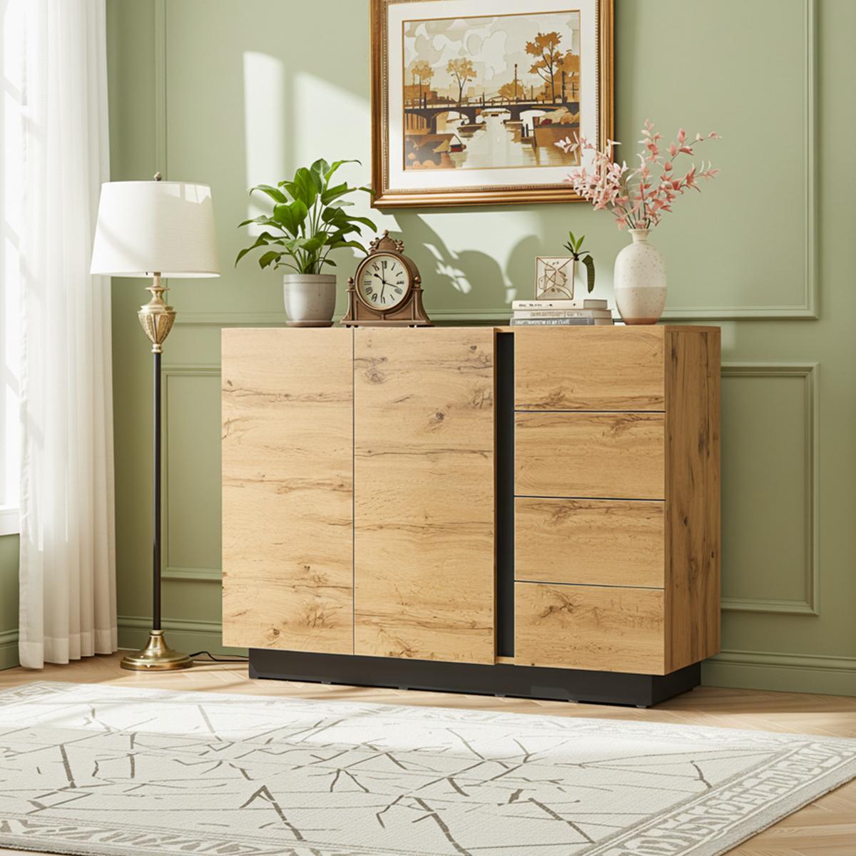 SIDEBOARD 120 cm Naturholz & Schwarz mit 4 Schubladen & 2 Türen im modernen Stil - Naturfarben, Holzwerkstoff (120/90.5/35.5cm) - Urban Meuble