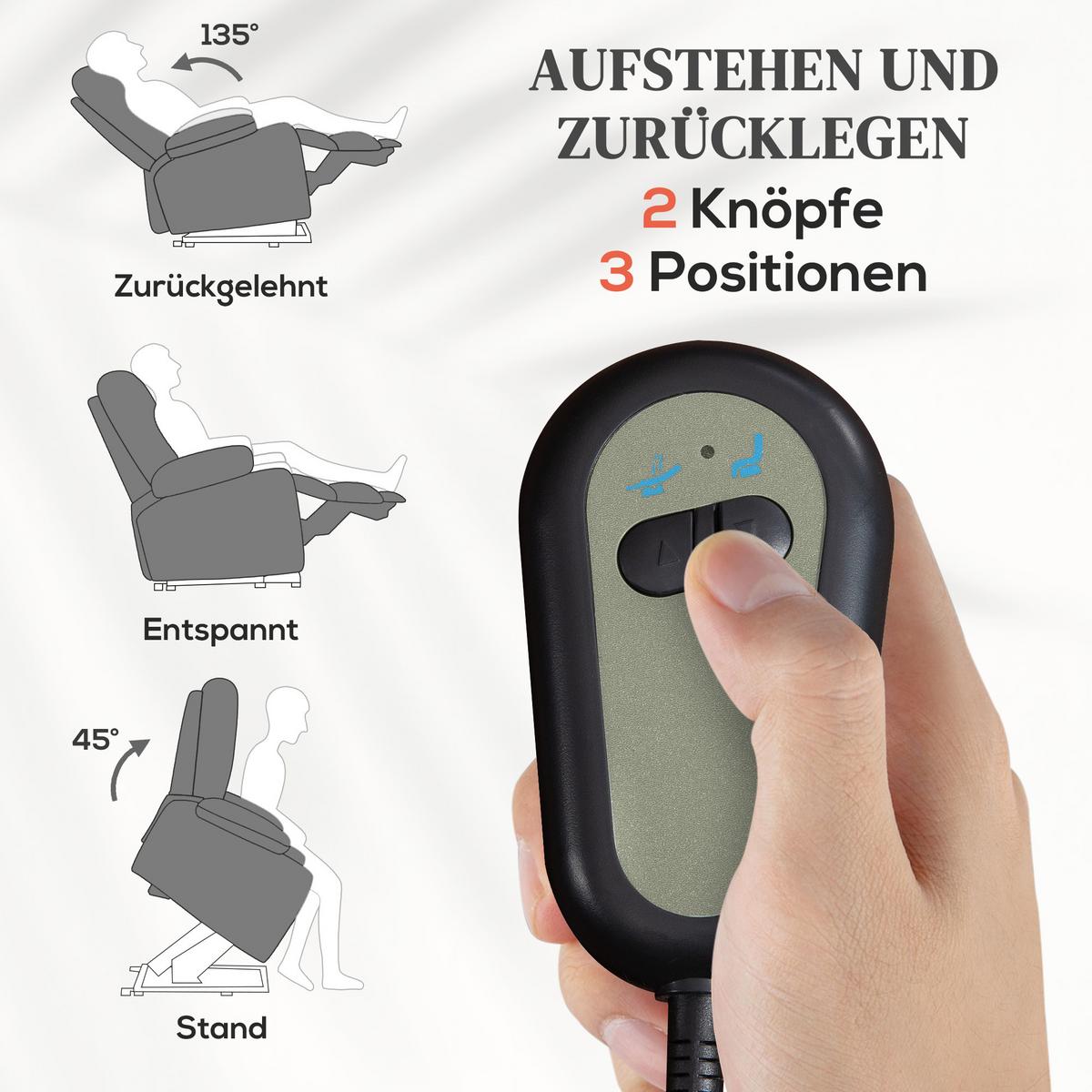 FERNSEHSESSEL mit Aufstehhilfe Relaxsessel mit Massage-/ Wärme-/Liegefunktion - Dunkelgrau, Textil (93/104/101cm) - HOMCOM