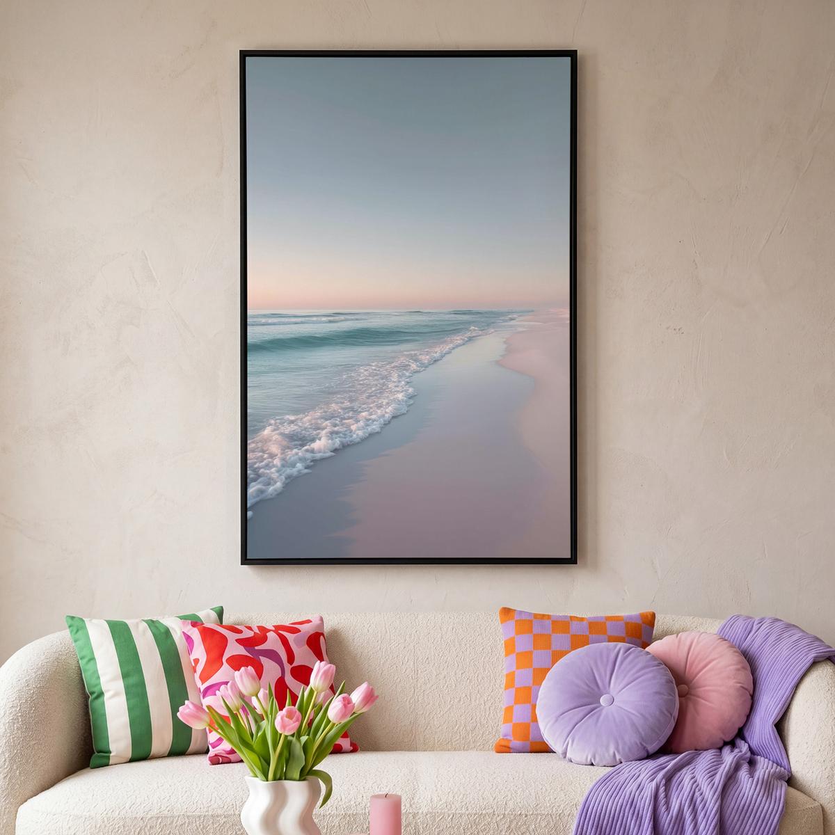 LEINWAND Bilder mit Rahmen - Küstenlinie - Pastell - Wasser - 80x120 - Pastellblau, Textil (80/120cm) - MuchoWow