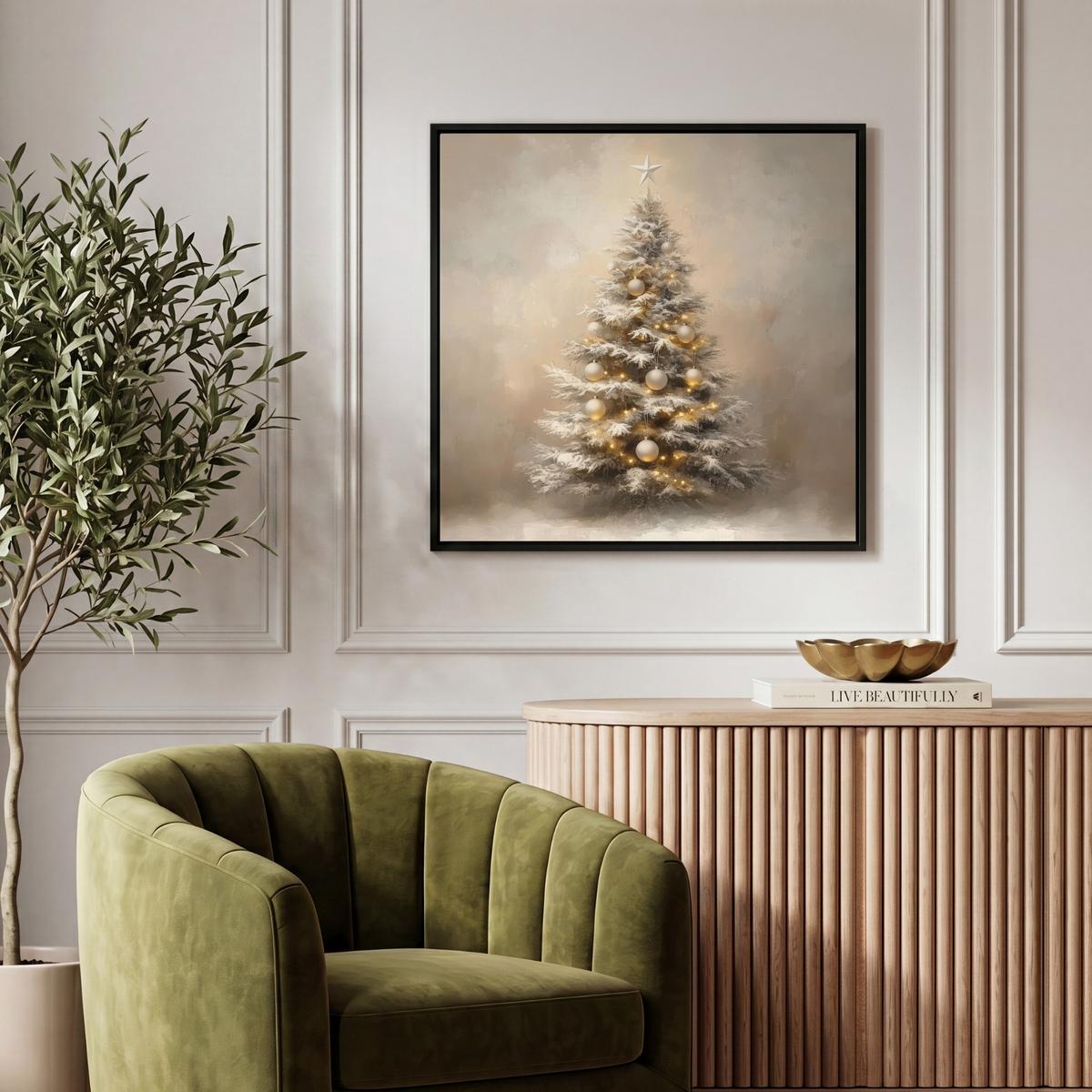 LEINWAND Bilder mit Rahmen - Weihnachten - Weihnachtsbaum - Schnee - Kunst - 50x50 - Champagner, Textil (50/50cm) - MuchoWow
