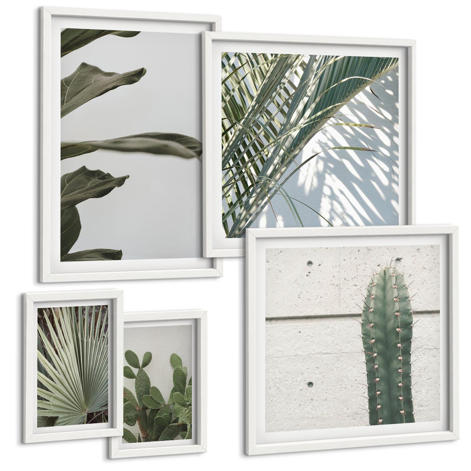 BILDER SET 5er Set - 50x50 cm & 20x30 cm & 40x60 cm Weißer Rahmen - Blätter tropischer Pflanzen in Pastellfarben - Weiß, Kunststoff (40/60cm) - TULUP
