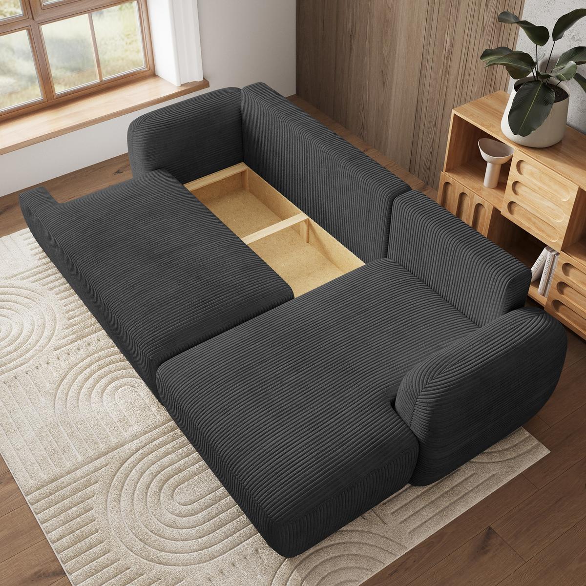 ECKSOFA MODENZA P R-S Graphitfarben Kordstoff mit Schlaffunktion - Graphitfarben/Schwarz, Holz/Kunststoff (266/148cm) - MASSENO