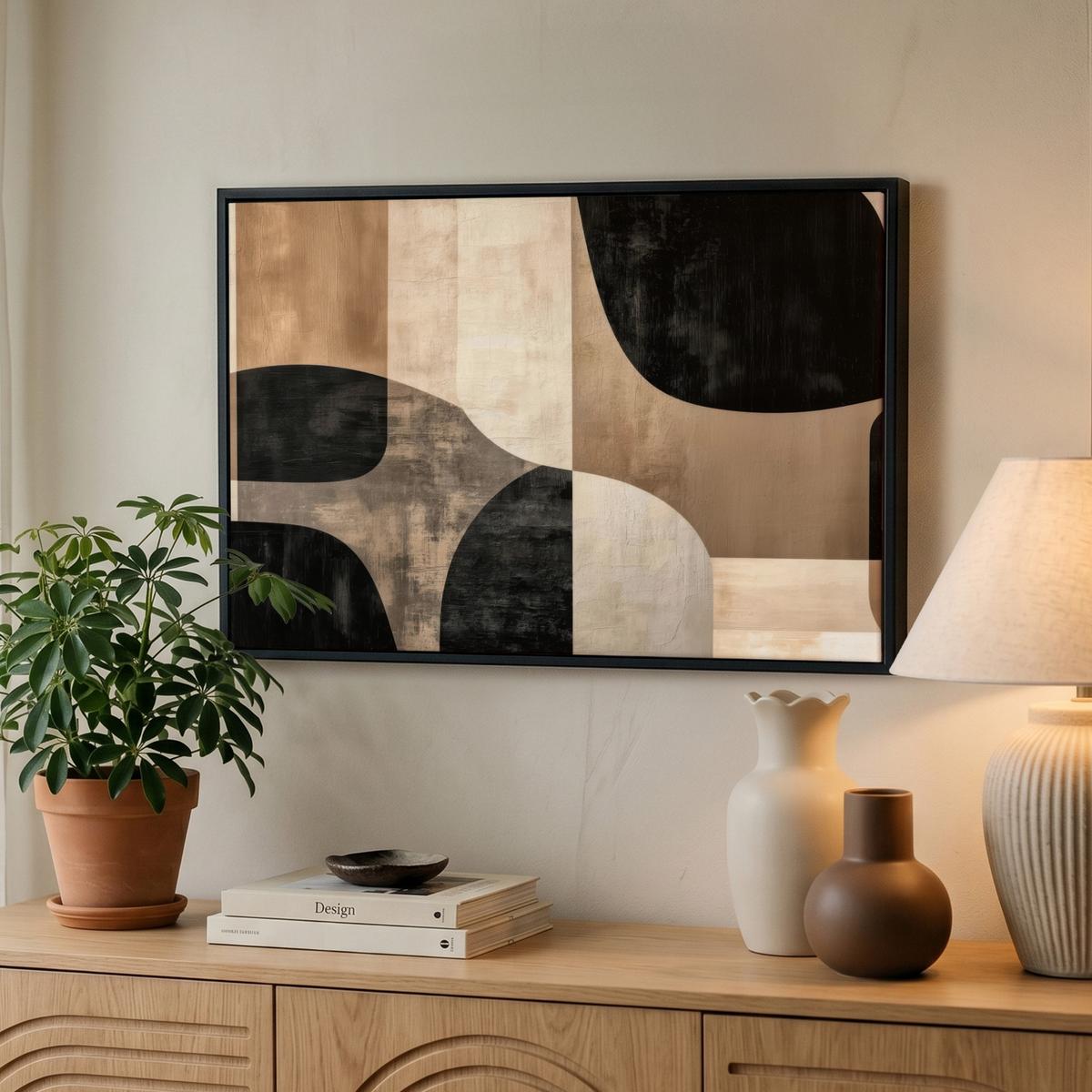 LEINWAND Bilder mit Rahmen - Abstrakt - Flugzeuge - Schwarz - Rund - 60x40 - Beige, Textil (60/40cm) - MuchoWow