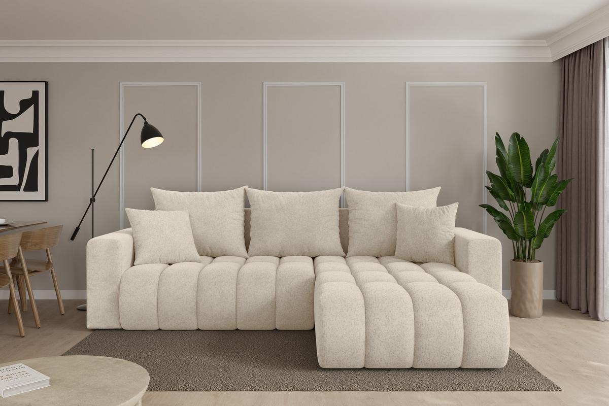 ECKSOFA mit Schlaffunktion Ottomane Rechts MILA-L-v1 277x195x86 Creme Velours - Creme/Schwarz, Holzwerkstoff/Kunststoff (277/194cm) - ALTDECOR