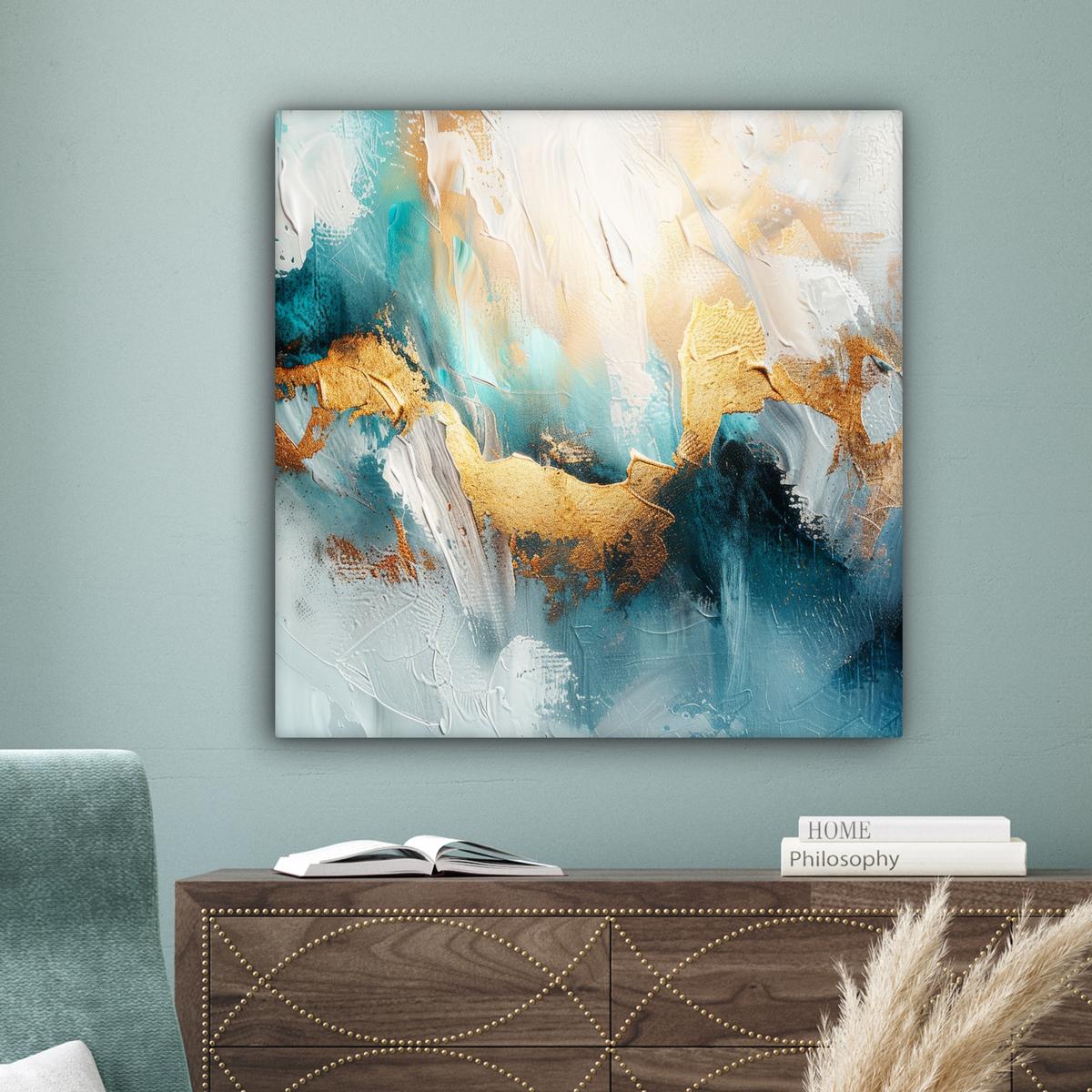 LEINWANDBILD Abstrakt - Kunst - Gold - Blau Deko Groß 90x90 cm - Petrol, Textil (90/90cm) - MuchoWow